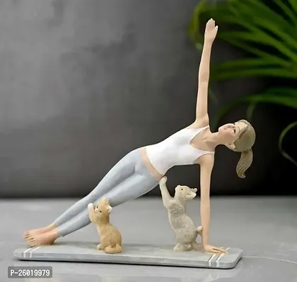 Decorative Figure Woman In Yoga Pose With Two Cats Resin Statue Woman With Craft Gray