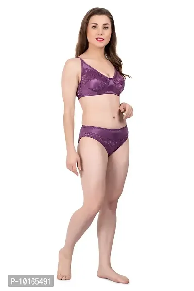 Kopykat Full Coverage Non Padded Wirefree Nylon 2 Way Lycra Bra and Panty Lingerie Set (Purple - 30)-thumb2