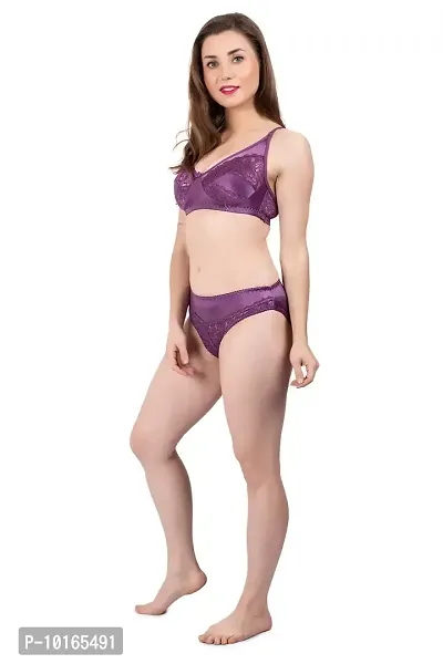 Kopykat Full Coverage Non Padded Wirefree Nylon 2 Way Lycra Bra and Panty Lingerie Set (Purple - 30)-thumb3