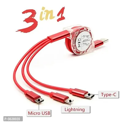 INTROTECH - Multi-USB Fast Charging Charger Cable 3in1 Retractable with Micro USB/Lightning/Type-C(COLORMAYVARY)-thumb0