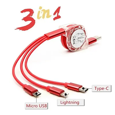 INTROTECH - Multi-USB Fast Charging Charger Cable 3in1 Retractable with Micro USB/Lightning/Type-C(COLORMAYVARY)