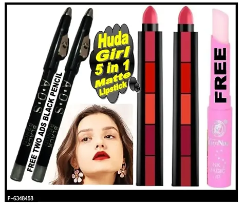 Premium Choice 5 Shades Of Lipstick (Combo Pack of 2) with free Two ADS Black Pencil + One Pink Magic Lip Balm