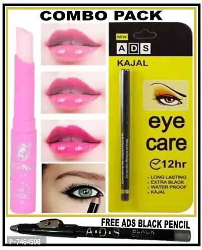 ADS Kajal + Pink Magic Lip Balm (Combo Pack of 2) with free One ADS Black Pencil