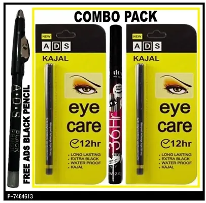 ADS Kajal + 36H Eyeliner (Combo Pack of 3) with free One ADS Black Pencil