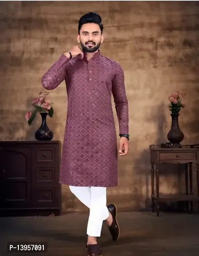 Classic Cotton Blend Embroidered Kurta with Bottom for Men-thumb0