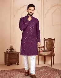 Classic Cotton Blend Embroidered Kurta with Bottom for Men-thumb2