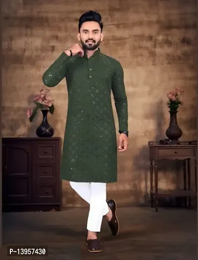 Classic Cotton Blend Embroidered Kurta with Bottom for Men