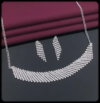 NNC NEW CLASSIC SILVER PLATED AMERICAN DIAMOND NECKLACE AND EARRINGS SET FOR GIRLS AND WOMEN