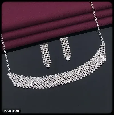 NNC NEW CLASSIC SILVER PLATED AMERICAN DIAMOND NECKLACE AND EARRINGS SET FOR GIRLS AND WOMEN-thumb0