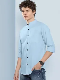 Stylish Light Blue Cotton Blend Solid Long Sleeves Casual Shirts For Men-thumb2