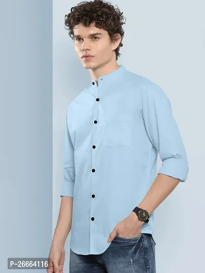 Stylish Light Blue Cotton Blend Solid Long Sleeves Casual Shirts For Men-thumb3