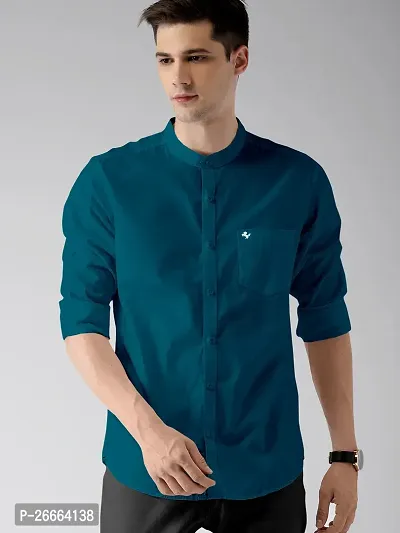 Stylish Blue Pure Cotton Solid Long Sleeves Casual Shirts For Men-thumb0