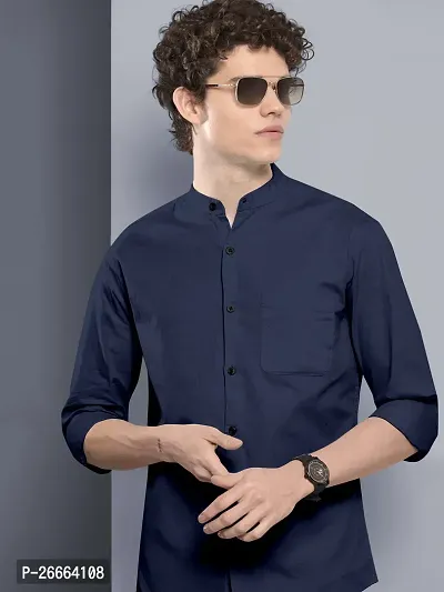 Stylish Dark Blue Cotton Blend Solid Long Sleeves Casual Shirts For Men-thumb0