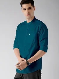 Stylish Blue Pure Cotton Solid Long Sleeves Casual Shirts For Men-thumb2