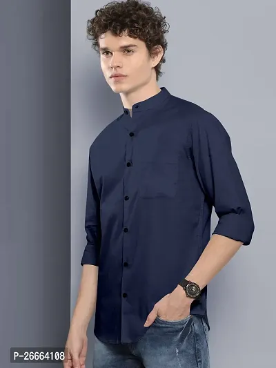 Stylish Dark Blue Cotton Blend Solid Long Sleeves Casual Shirts For Men-thumb3