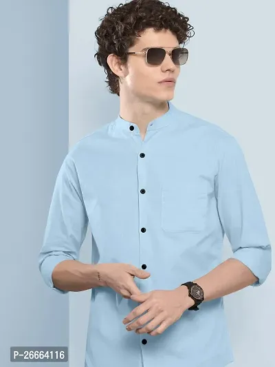 Stylish Light Blue Cotton Blend Solid Long Sleeves Casual Shirts For Men-thumb0