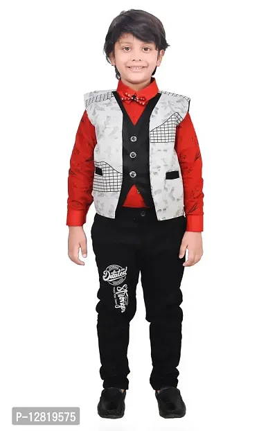 Fabulous Red Cotton Printed Shirts with Jeans And Jacket Set For Boys