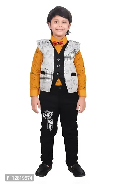 Fabulous Yellow Cotton Printed Shirts with Jeans And Jacket Set For Boys