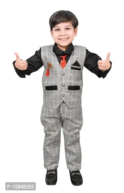 Fabulous Grey Cotton Printed Shirts with Jeans And Waistcoat Set For Boys