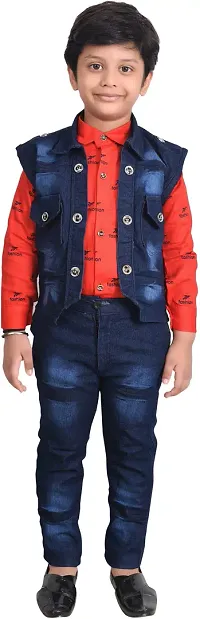 Printed Cotton Shirt with Jeans and Jacket Set