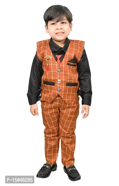 Fabulous Orange Cotton Printed Shirts with Jeans And Waistcoat Set For Boys