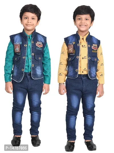 Fabulous Cotton Printed Shirts with Jeans And Jackets For Boys- Set Of 2-thumb0