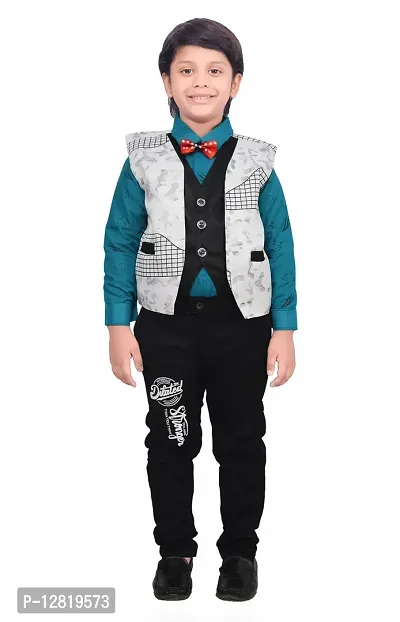 Fabulous Blue Cotton Printed Shirts with Jeans And Jacket Set For Boys