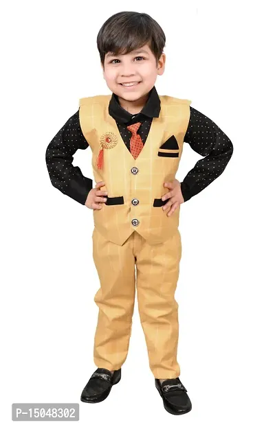 Fabulous Yellow Cotton Printed Shirts with Jeans And Waistcoat Set For Boys