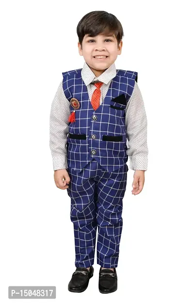 Fabulous Navy Blue Cotton Printed Shirts with Jeans And Waistcoat Set For Boys