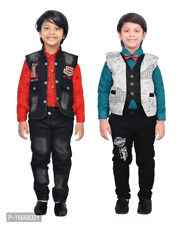 Fabulous Cotton Solid Shirts with Jeans with Jacket For Boys Pack of 2-thumb0