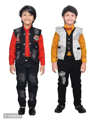 Fabulous Cotton Solid Shirts with Jeans with Jacket For Boys Pack of 2