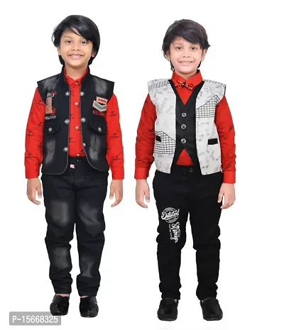 Fabulous Cotton Solid Shirts with Jeans with Jacket For Boys Pack of 2-thumb0