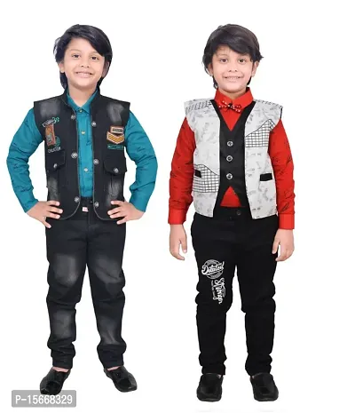 Fabulous Cotton Solid Shirts with Jeans with Jacket For Boys Pack of 2