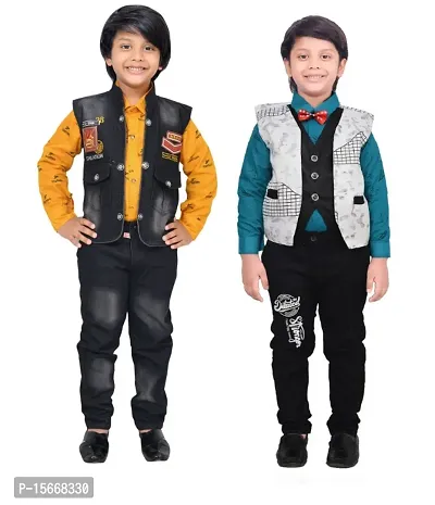 Fabulous Cotton Solid Shirts with Jeans with Jacket For Boys Pack of 2-thumb0