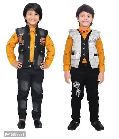 Fabulous Cotton Solid Shirts with Jeans with Jacket For Boys Pack of 2