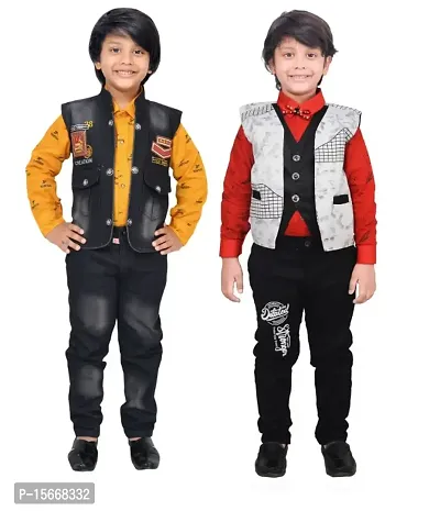 Fabulous Cotton Solid Shirts with Jeans with Jacket For Boys Pack of 2