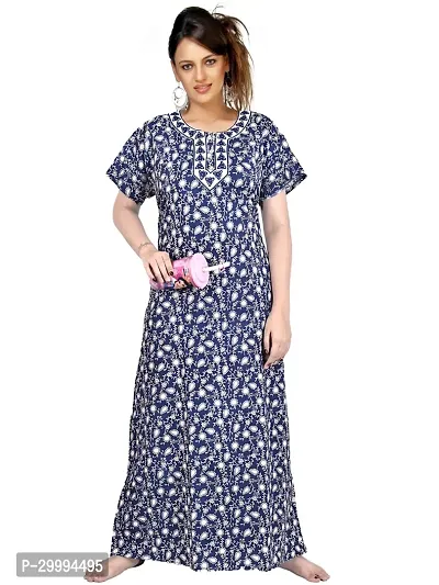 Stylish Navy Blue Cotton Printed Nighty For Women-thumb0