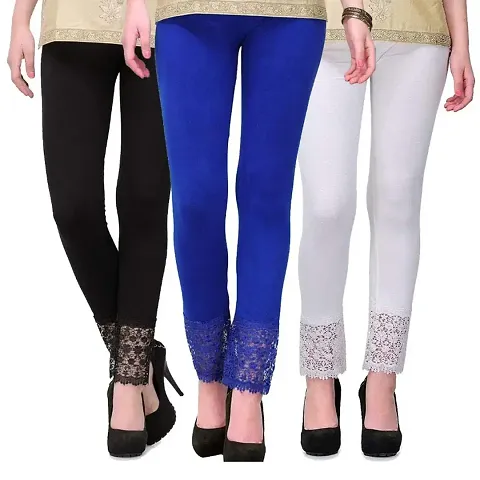 Fablab Leggings with lace Design(LACE-LEGGI-3-B,Dg,W, Black,DarkGreen,White, Fit to Waist Size BTW.26 inch to 32Inch)