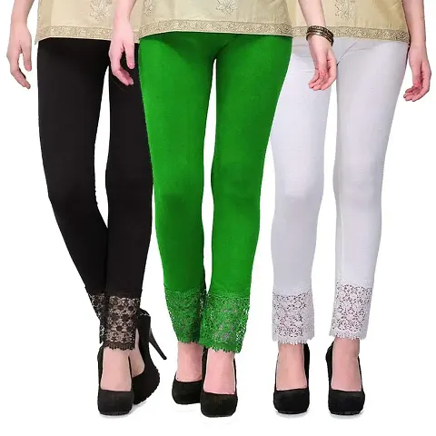 Fablab Leggings with lace Design(LACE-LEGGI-3-B,Dg,W, Black,DarkGreen,White, Fit to Waist Size BTW.26 inch to 32Inch)