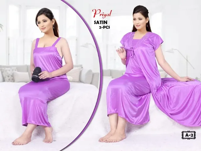 Women's Satin Solid Nightwear Set Pack of 2