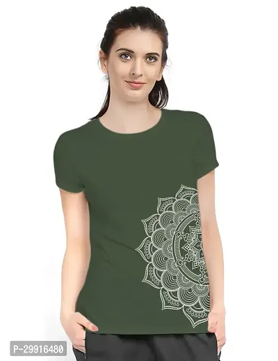 Stylish Olive Cotton Blend Printed T-Shirt For Women-thumb0