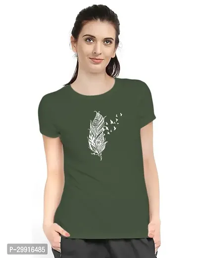 Stylish Olive Cotton Blend Printed T-Shirt For Women