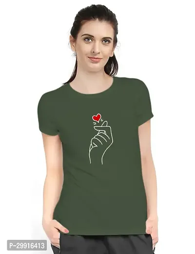 Stylish Olive Cotton Blend Printed T-Shirt For Women