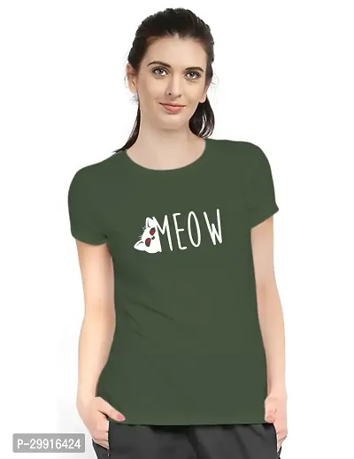 Stylish Olive Cotton Blend Printed T-Shirt For Women