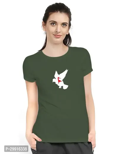 Stylish Olive Cotton Blend Printed T-Shirt For Women-thumb0