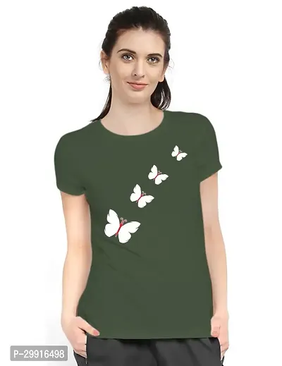 Stylish Olive Cotton Blend Printed T-Shirt For Women-thumb0