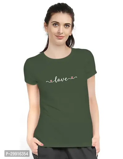 Stylish Olive Cotton Blend Printed T-Shirt For Women-thumb0