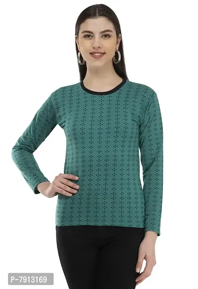 IndiWeaves Women's Full Sleeve Printed Fleece Warm T-Shirt for Winters (Rama Green,L) Pack of 1