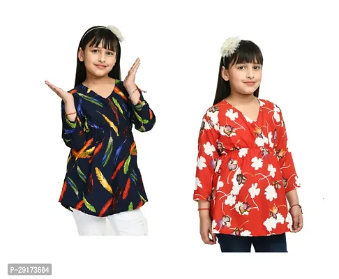 Stylish Multicoloured Crepe Printed Tops For Girls Pack Of 2-thumb0