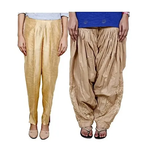 IndiWeaves Women Dupion Silk Boot Cut Pant with BeigeDabang Jalidar Full Patiala Salwar - Free Size (Pack of 1 Boot Cut Pant and 1 Patiala Salwar)